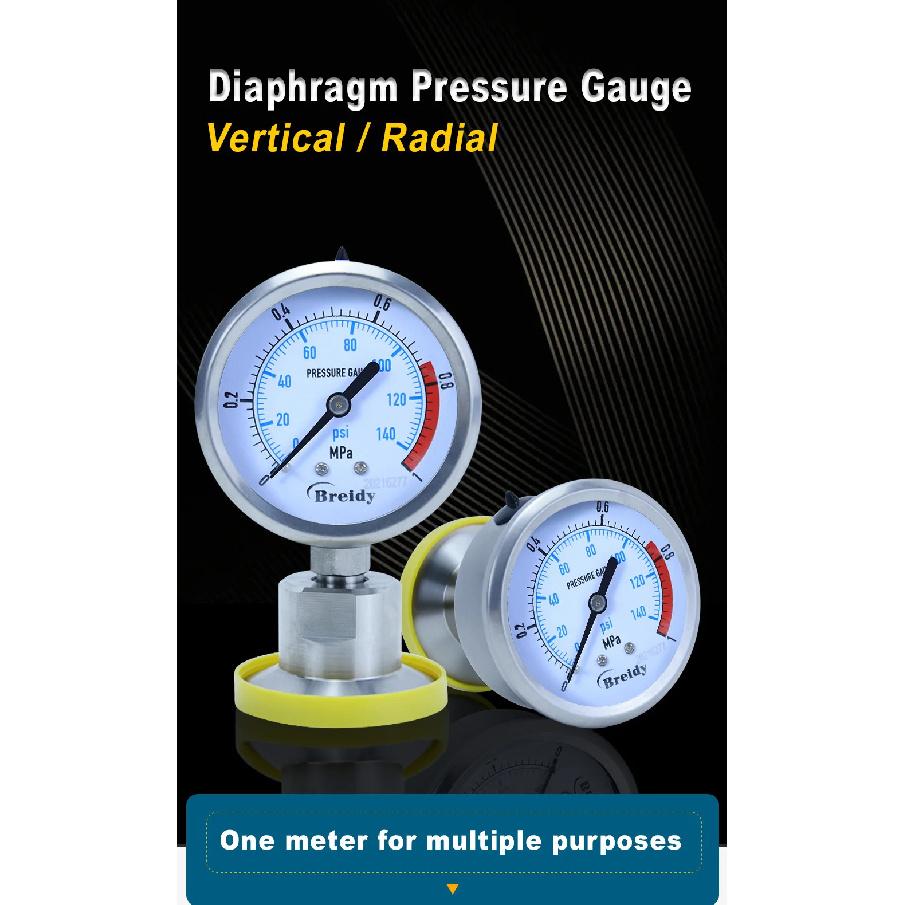 Xin Tester 0-2.5Mpa Air Glycerol Free Pressure Gauge Dia 60mm Stainless Steel Diaphragm Oil water Hydraulic Gauge YTP60