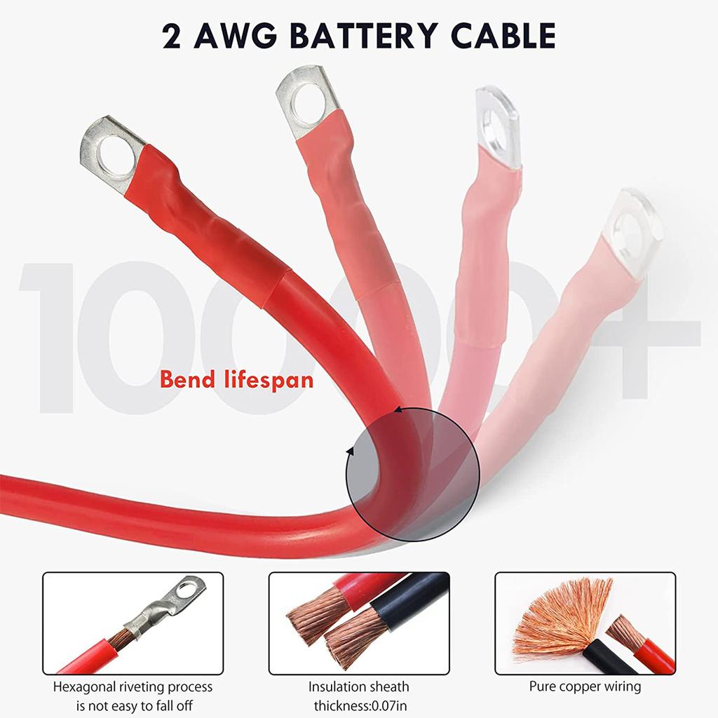 Battery Inverter Cable 2AWG Stranded Copper Wire Connector with 3/8inch Lugs Gauge Battery Cable for Car Marine Solar RV Boat