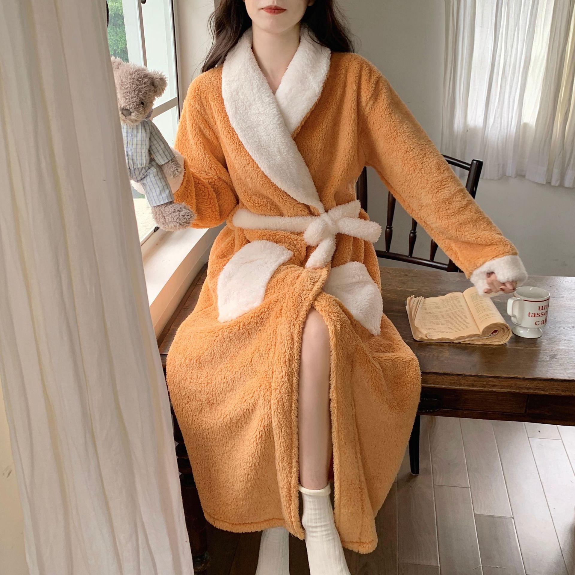 

Халаты с принтом, банные халаты, утолщенная фланелевая ночная рубашка, женская осенне-зимняя теплая корейская версия, простая ночная рубашка с длинными рукавами 2XL