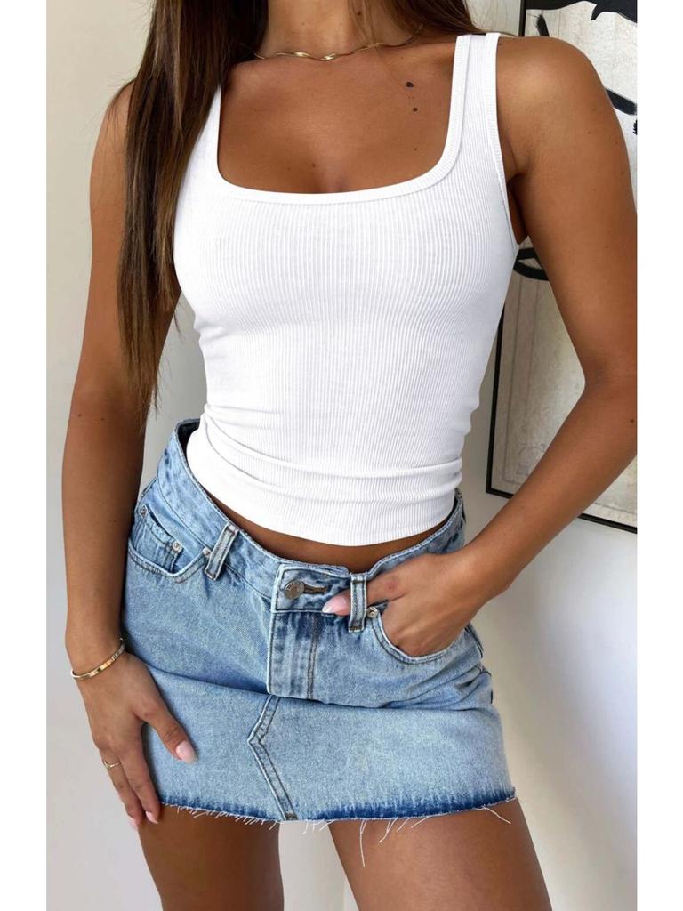 Ribbed Crop Tops Women Solid Color Square Neck Camis Camisole Fashion Tube Top Female Sleeveless