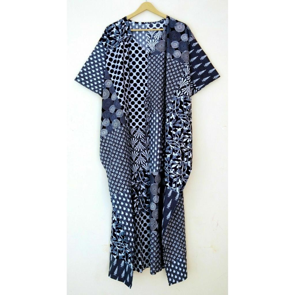Indisches Schwarzes Langes Indigo-Print Baumwoll-Übergröße Maxi Damen Cover-up Kaftan Kleid CKFTN-SCRN-FULL-BUYIT-063