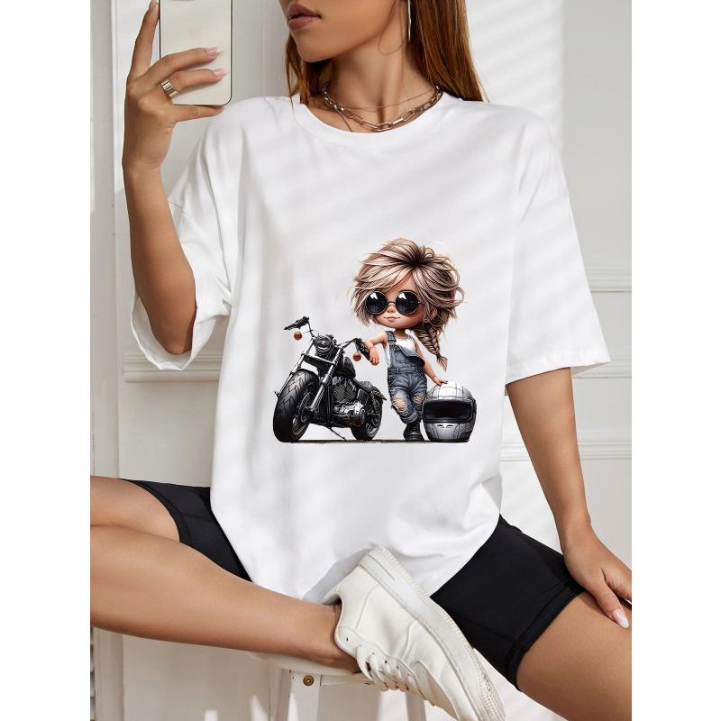 White T-Shirt With Motorcycle Girl Print For Casual Wear