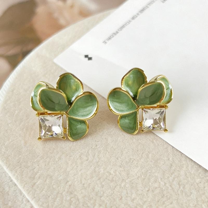 

Green Enamel Multi-layers Flower Stud Earrings for Women Sweet Korean Fashion Small Earrings Rhinestone Luxury Wedding Zircon