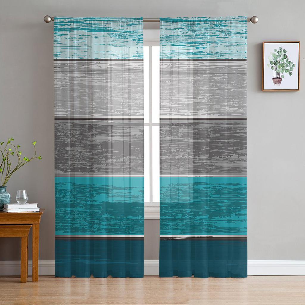 Retro Farm Barn Blue Gray Striped Gradient Sheer Curtains for Living Room Tulle for Windows Voile Yarn Short Bedroom Curtains