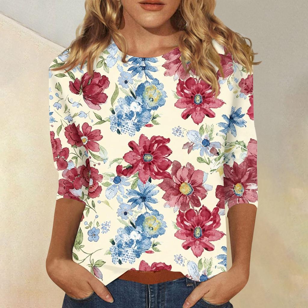 Women's Casual Floral Print Three Quarter Sleeve Round Neck Top Lightweight Comfortable Fit for Everyday Wear
