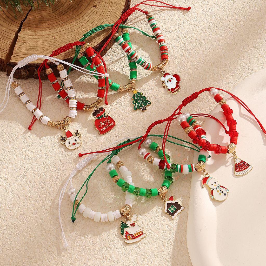 Christmas Polymer Clay Bead Bracelet Set: Santa Claus, Reindeer, and Tree