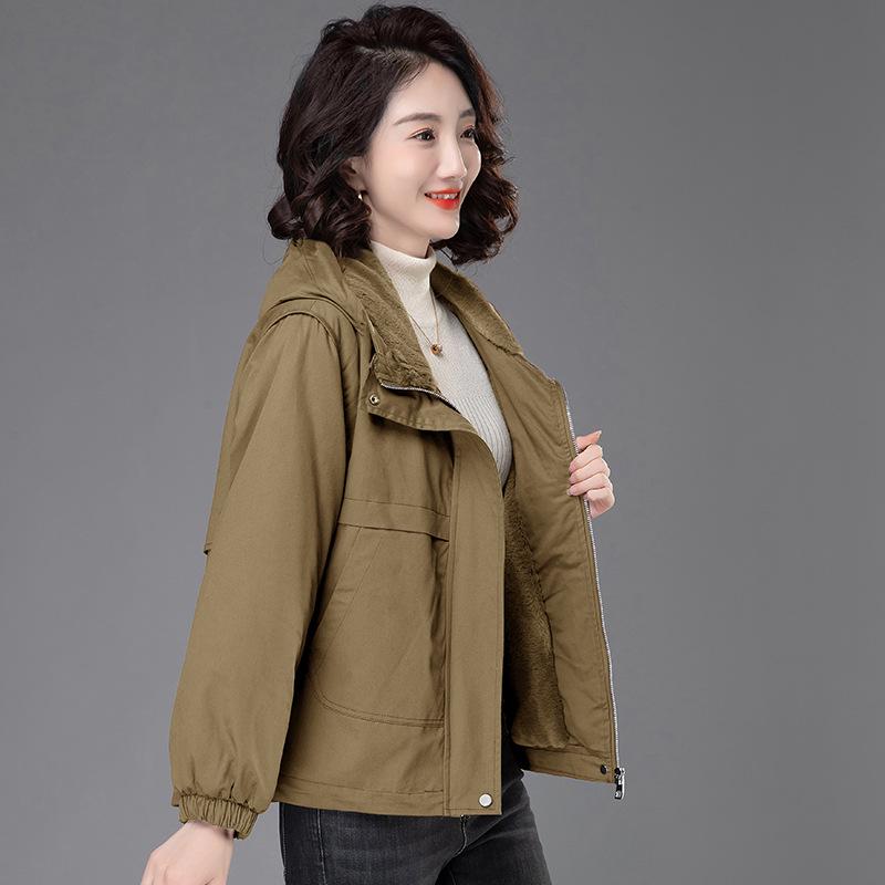 

Женское зимнее пальто-парка 2024 года с толстой флисовой подкладкой – короткая, свободного кроя, повседневная хлопковая куртка для мам среднего возраста XXL (144-155 jin) хаки