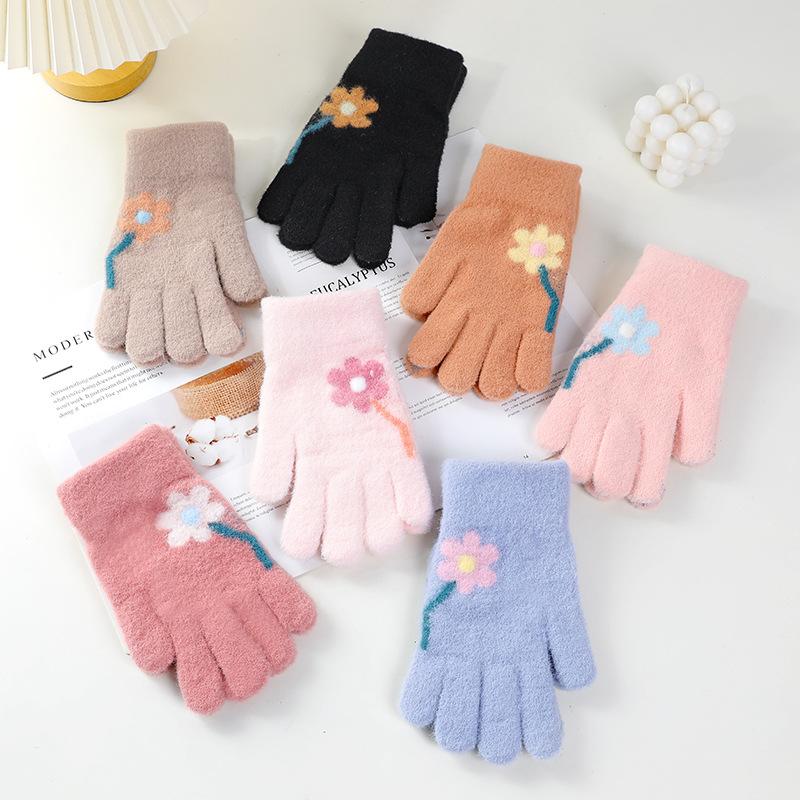 Cute Knitted Gloves Women Winter Thickened Warm Riding Electric Car Full Finger Students Writing Winter AY