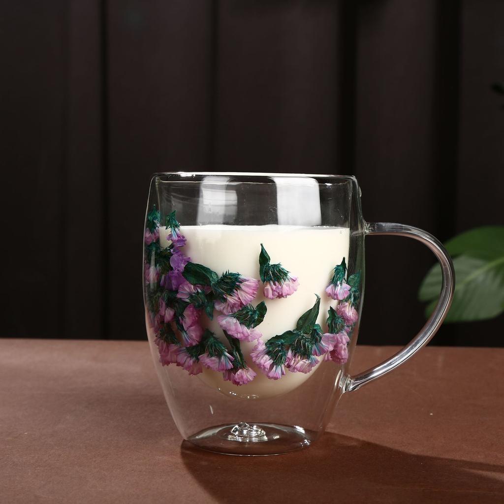 Export Double Cup Real Flower Dried Flower High Borosilicate Glass High Value Milk Cup Juice Cup Coffee Cup