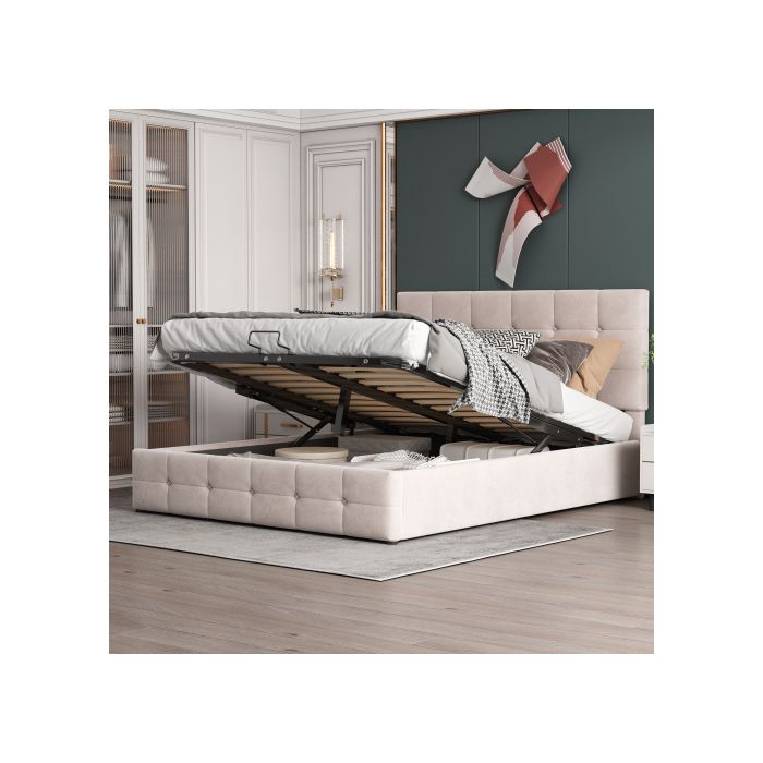 Gepolstertes Bett - MUVOE - 140x200 - Hydraulischer Klapp-Stauraum - Verstellbares Kopfteil - Cremefarbenes Samt