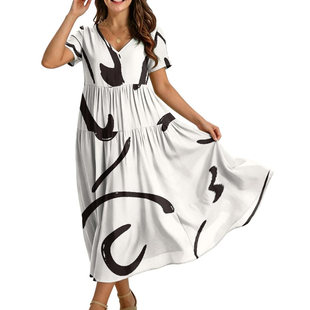 Women Casual Loose Fit Bohemian Style Printed Short Sleeve V Neck Maxi Dress with Artistic Pattern Design
