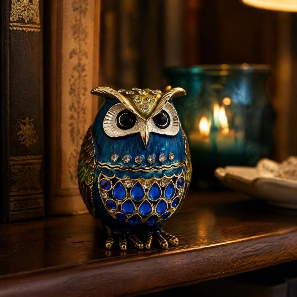 Sparkling Rhinestone Animal Figurine Jewelry Box Zinc Alloy Owl Keepsake Box  Home Decor