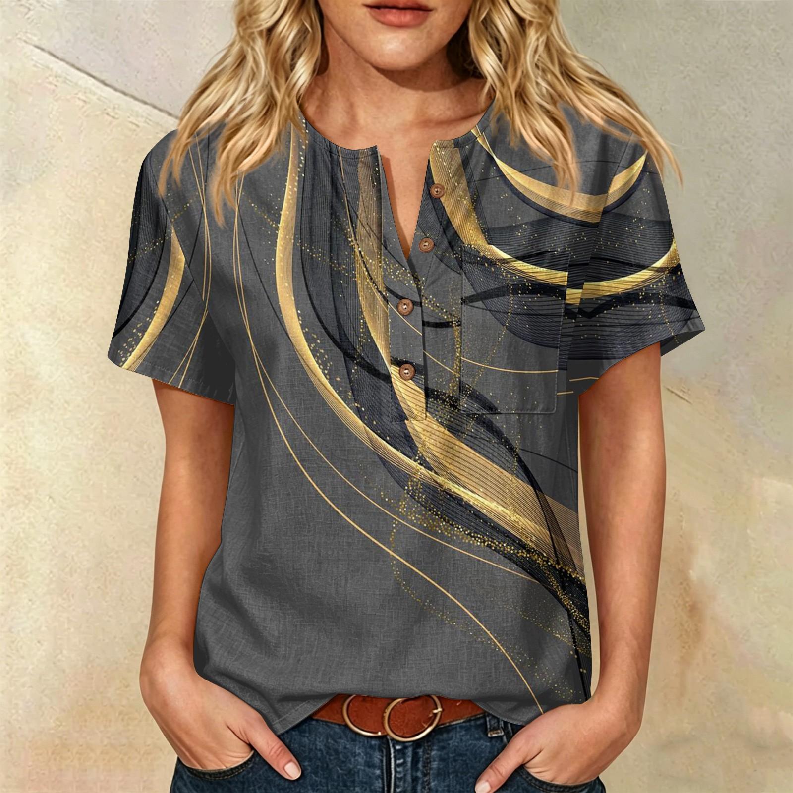 

Women’s Fashion Printed Henley Button Neck Short Sleeve Cotton Linen Shirt with Chest Pocket and Modern Abstract Pattern XXL