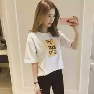 New Summer Round Neck Women's Short-sleeved T-shirt for Women Korean Style Loose Letter Printed Yellow Square Top