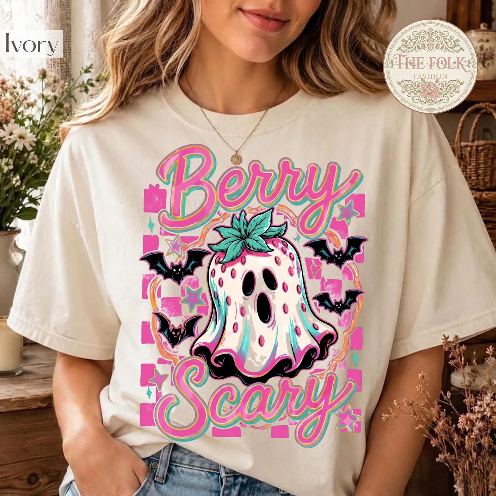 Berry Scary Shirt, Strawberry Ghost Tee, Cute Spooky Season Tee, Retro Halloween T Shirt, Pastel Witchy Tee, Trendy Halloween Shirt M