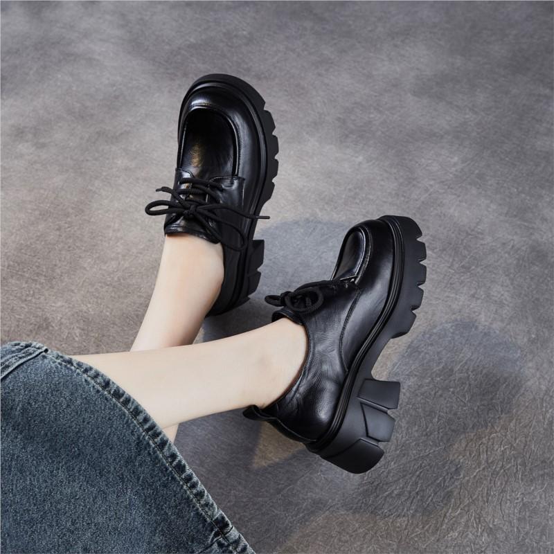 Johnature Genuine Leather Retro Women's Thick Heels Shoes British Style Thick Soled Lace Up Pumps
