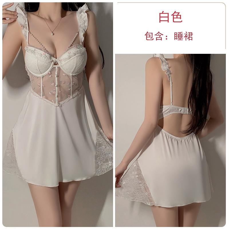 Pure Desire Mesh Gathering Plus Chest Pad Perspective Temptation Hollow Backless Nightdress Robe Loungewear Set