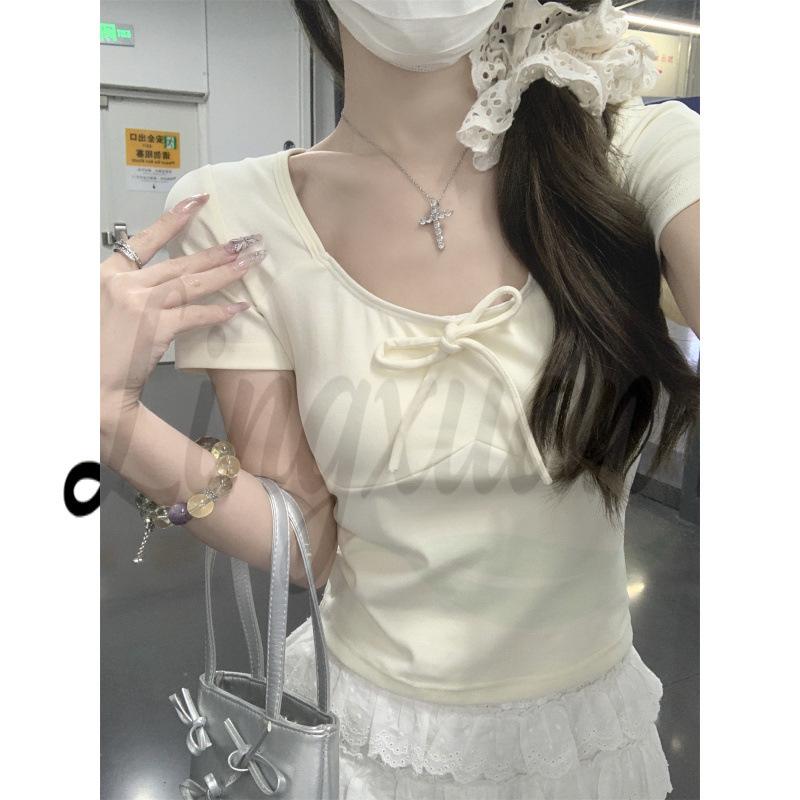 

Spring/Summer Korean Style Slim-Fit Bow Tie Lace-Up Short-Sleeved T-Shirt for Women Medium абрикосовий