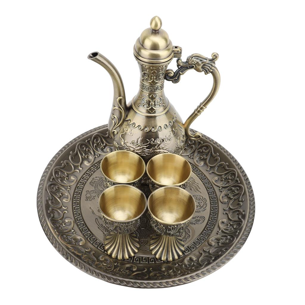 Turkish Tea Set Vintage Exquisite Luxurious Metal Teapot Tea Tray and 4 Cups Set for Home Bronze