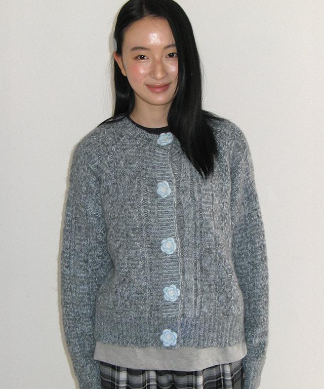 RONRON Handmade Flower Button Knit Cardigan Gray