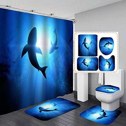 Fashion Sea World Dolphin Shower Curtain Set Bathroom Shower Curtain Set Non-Slip Bath Mat Toilet Lid Cover Polyester Waterproof