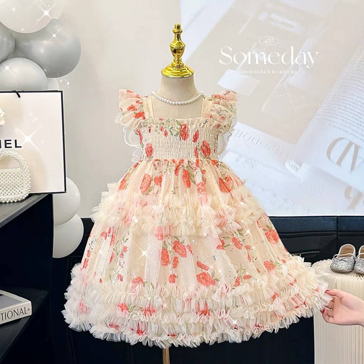 Girls Summer Floral Princess Dress With Butterfly Wings Fashionable Party Gown Trendy Elegant Childrens Clothing For Special Occasions 90cm