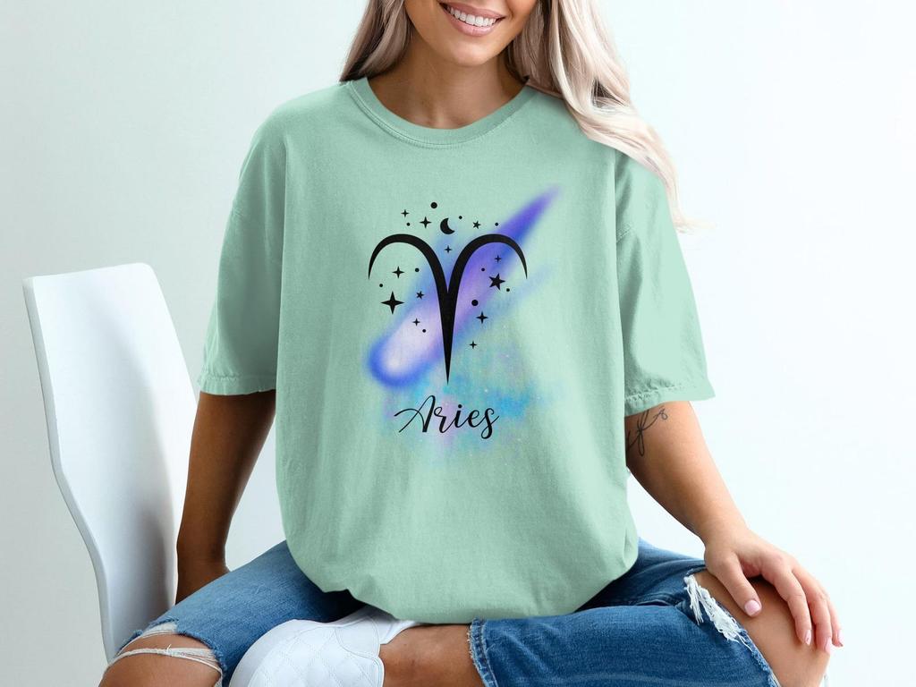 Aries Zodiac Celestial Watercolor T-Shirt – Galaxy Print Astrology Tee