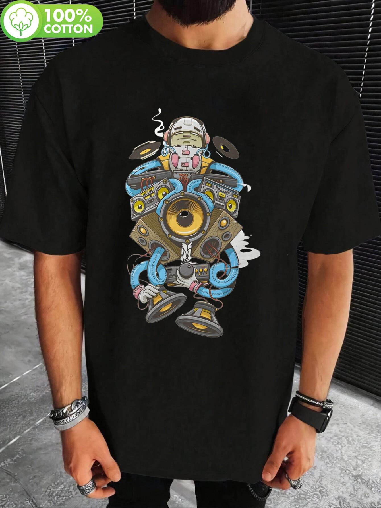 Retro Robot DJ Graphic T-shirt - Cotton M