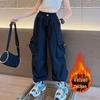 Girls' Autumn/Winter Velvet Cargo Sweatpants with Big Pockets - Trendy and Warm Style