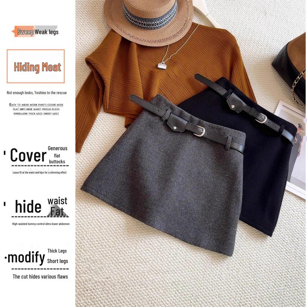 Women's Plus Size Gray A-Line Wool Skirt with Belt - Thick, Hip-Hugging Half Skirt for Spring and Autumn