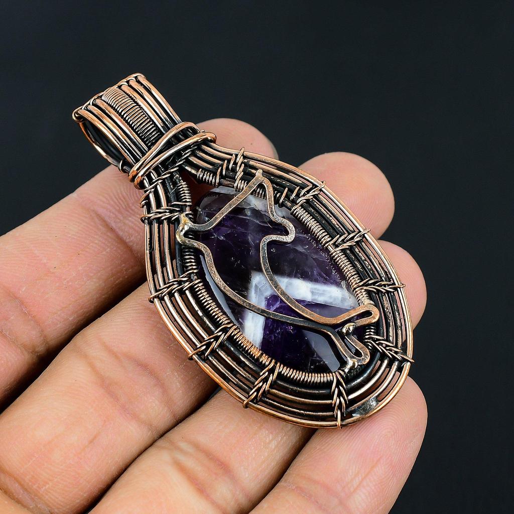 Handmade Amethyst Chevron Crystal Wire Wrapped Pendant Antique Copper Tree/Dolphin Motif Necklace Jewelry for Women & Men Unique Spiritual Gift