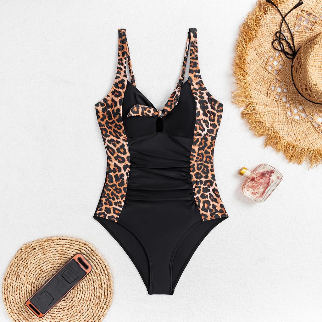 Women's Solid Color Leopard Print Stitching Sexy Sleeveless Bikini, Fashionable One-piece Swimsuit