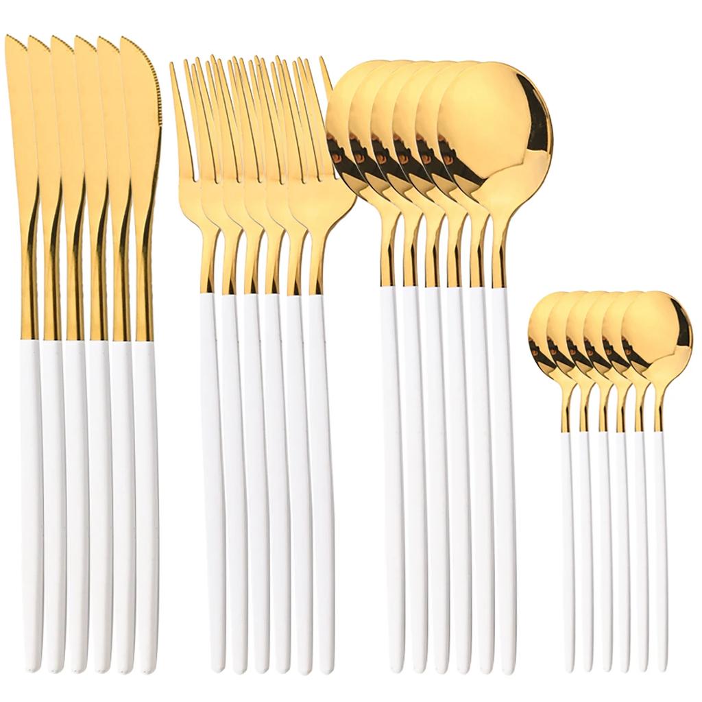 24pcs Flatware Set Stainless Steel Luxe Golden Cutlery Set Mirror Polished, Dishwasher Safe, Includes Knives Forks & Spoons