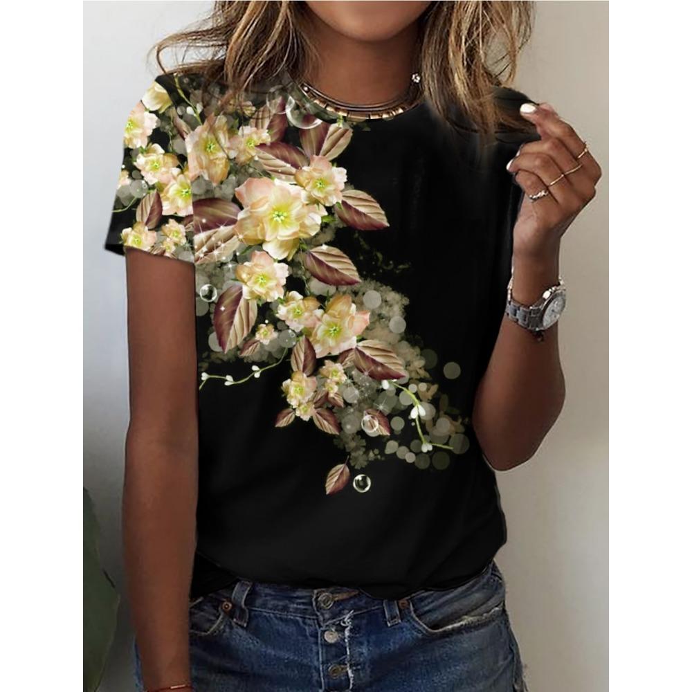 Women's 3D Printed Casual T-shirt, Daily Short Sleeved Top, Holiday Fashionable Round Neck T-shirt, Summer