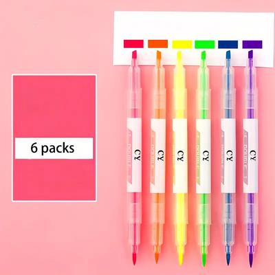 6pcs Dual-Ended Highlighter Marker Pens - Essential for Students & Creatives - Vibrant Colors for Note-Taking and Art Projects