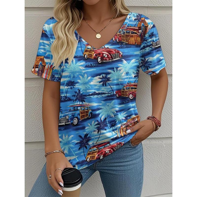 Women's T-Shirt Coconut Tree Pattern 3d Printing Fashion Casual V-Neck Short-Sleeved Beach Style Outdoor Women's Clothing