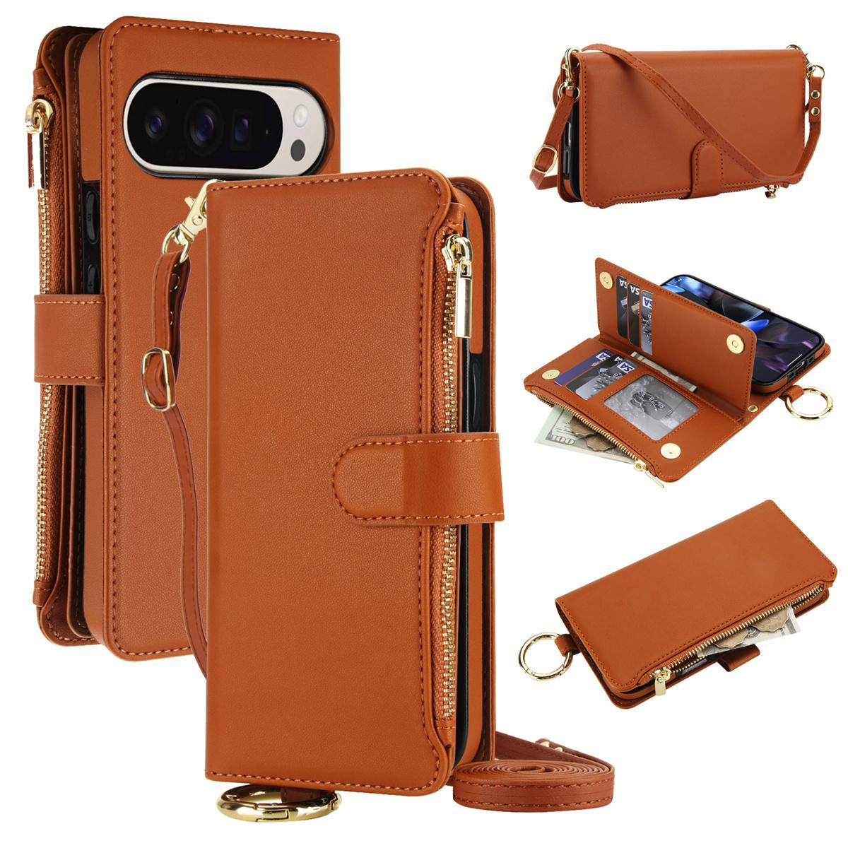 

Crossbody Leather Flip Zipper Wallet Card Slots Phone Case for Google Pixel 10 9 Pro XL 9Pro Lanyard Ring Wristband Holder Cover Google Pixel 9 коричневый