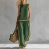 Women's Sleeveless Top and Long Pants Set, Dark Green with Orange Trim