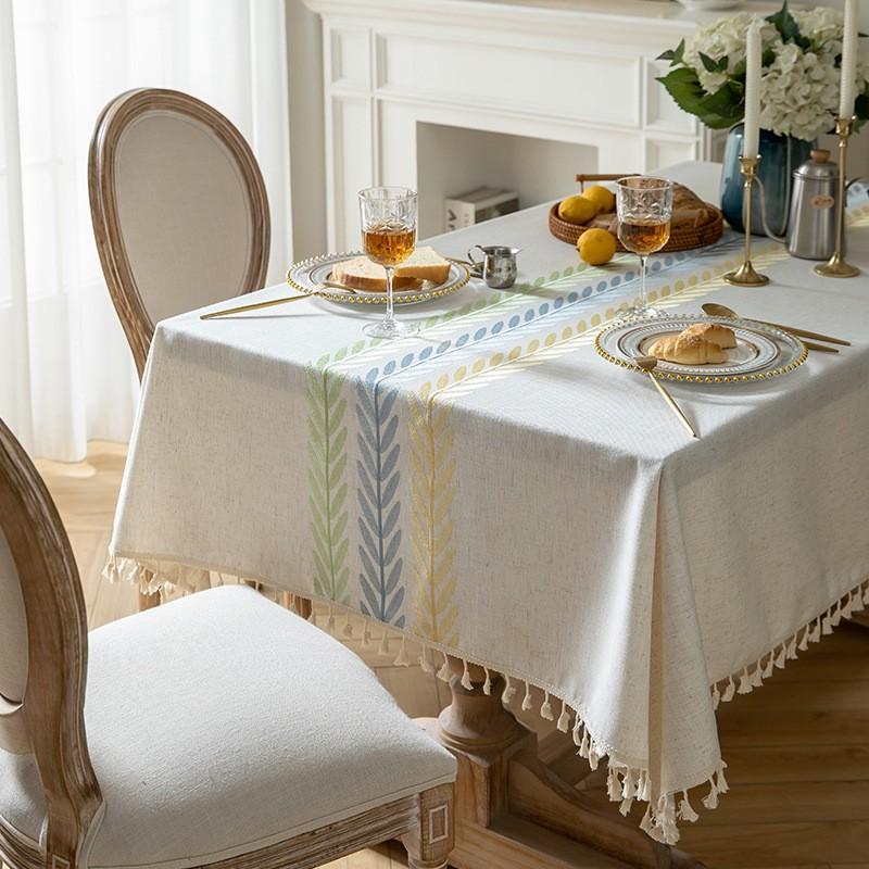 Waterproof Linen Blend Tablecloth Embroidered Stain Resistant Durable Dining Table Cover