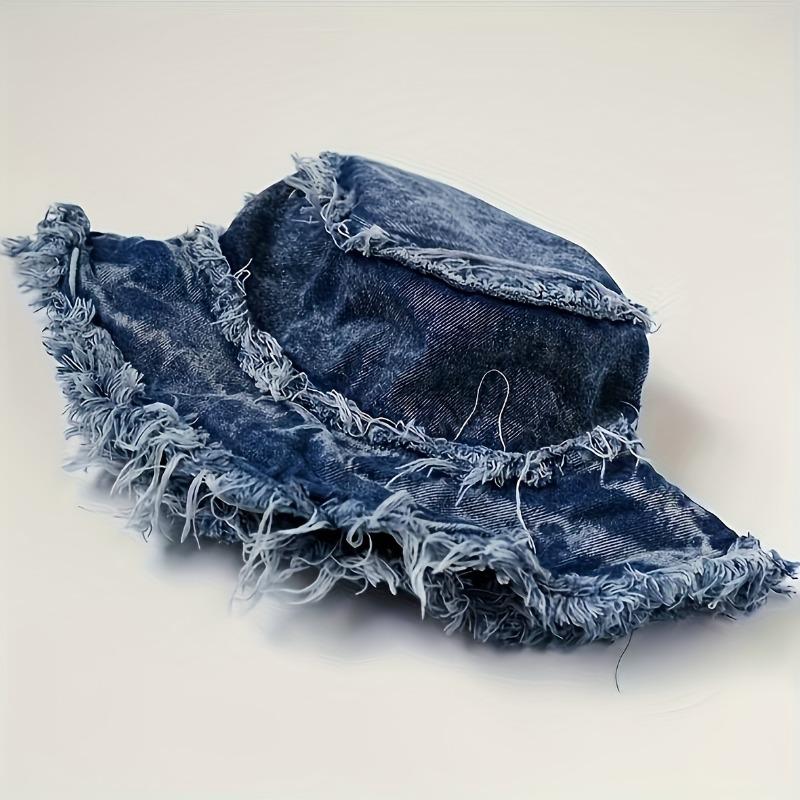 Vintage Distressed Denim Bucket Hat - Wide Brim Sun Protection, Frayed Edge Design, All-Season Outdoor Beach Hat