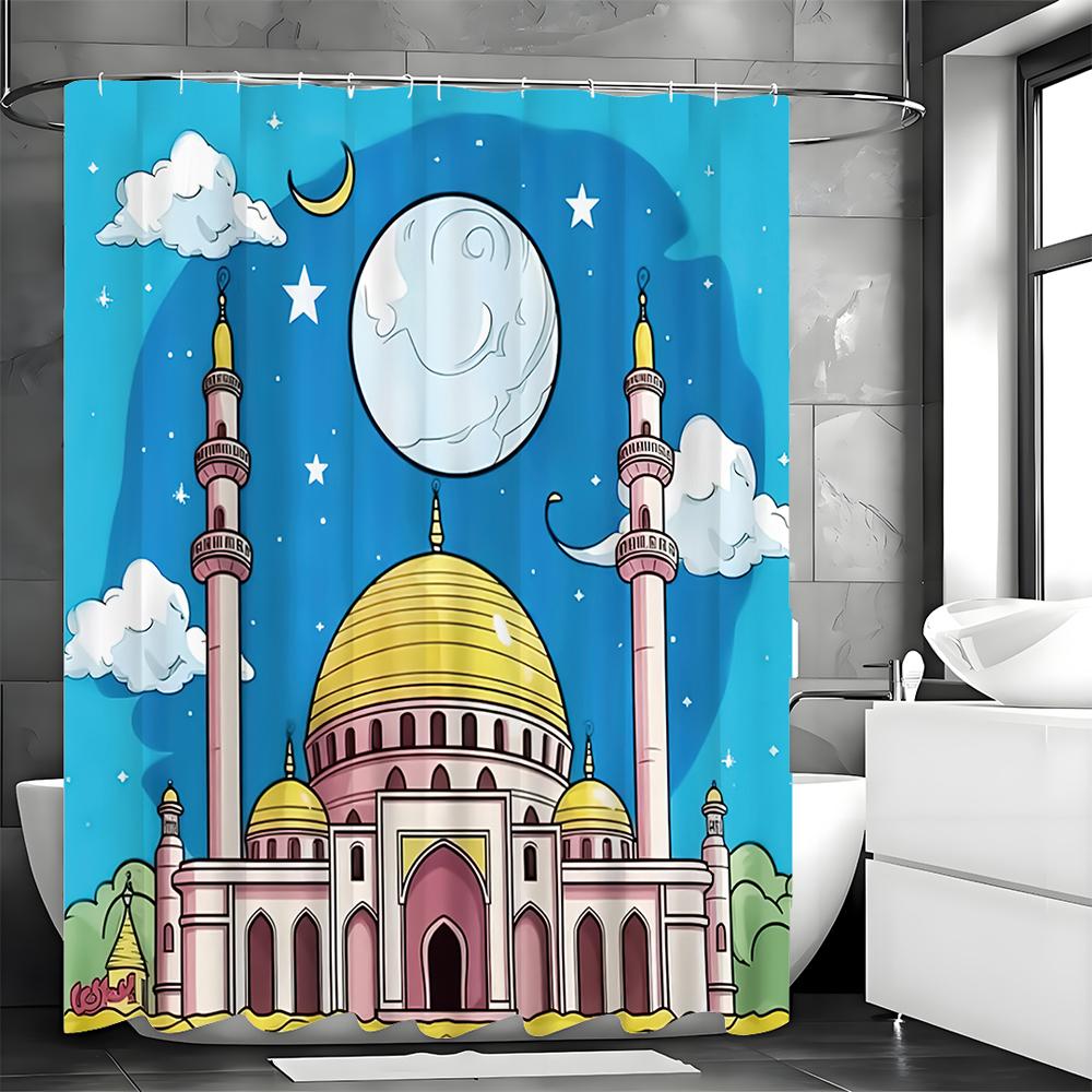 Flat Wind Castle Architectural Shower Curtain, Bathroom Decorative Shower Curtain, Waterproof Shower Curtain with Hooks