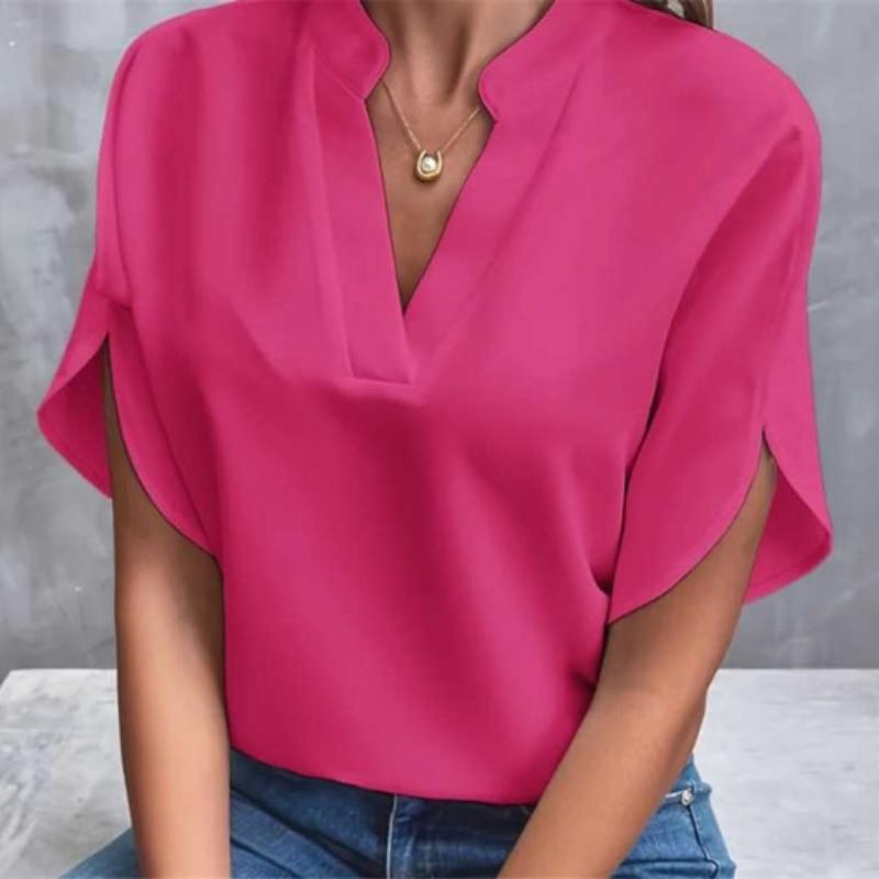 Blusa de color liso con escote en V, blusa informal de manga corta con abertura para primavera y verano, ropa de mujer
