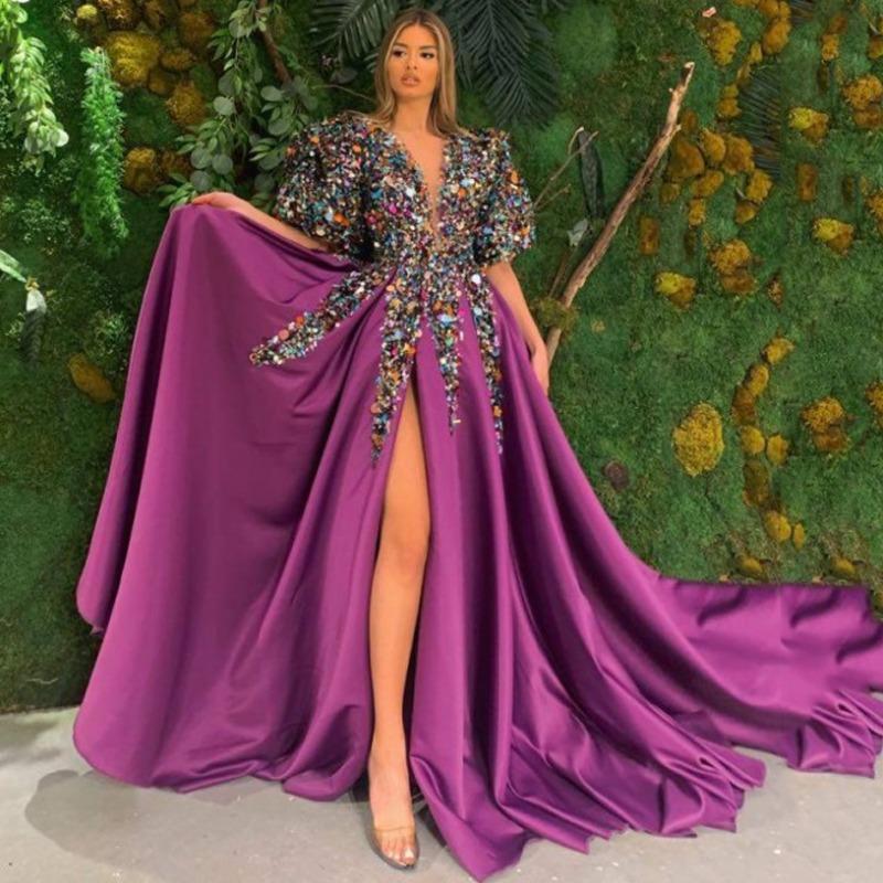 New Women s Dress Sequined Split V-Neck Banquet Evening Dress S