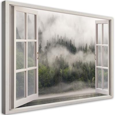 Leinwandbild Fenster nebliger Waldsee