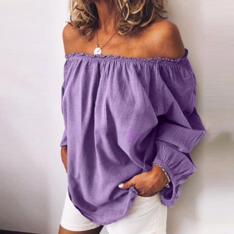 Party Top Autumn Winter Solid Color Women Blouse Pleated Off Shoulder Long Sleeve