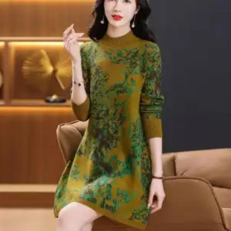 Knitted Autumn and Winter Middle-aged Elderly Sweater Dress Temperament Bottoming Western Style Long Dress