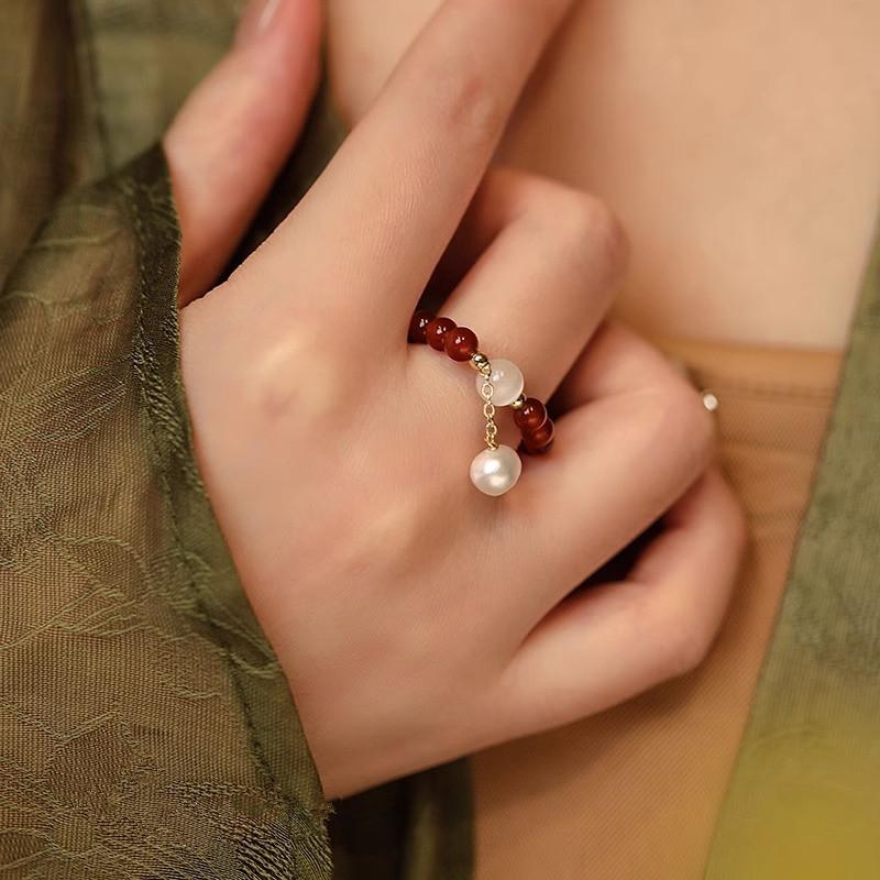 New Arrival Trendy Natural Red Agate Opal Stone Freshwater Pearl 14K Gold Filled Female Ring For Women Birthday Gifts