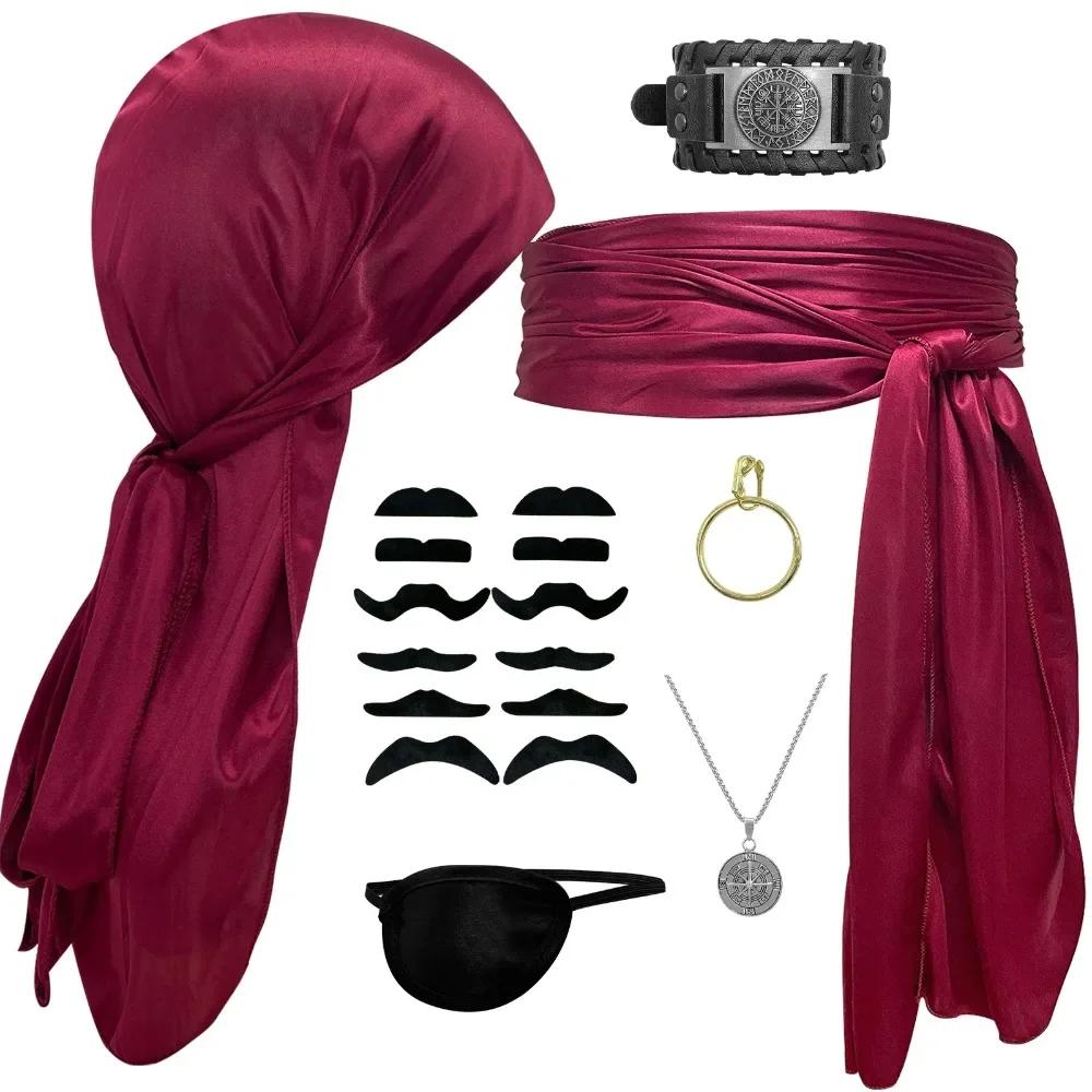 

7pcs Pirate Headscarf Adult Bandana Eye Patch Fake Beard Necklace Bracelet Ear Clip Belt Full Set Halloween Pirate Cosplay One Size