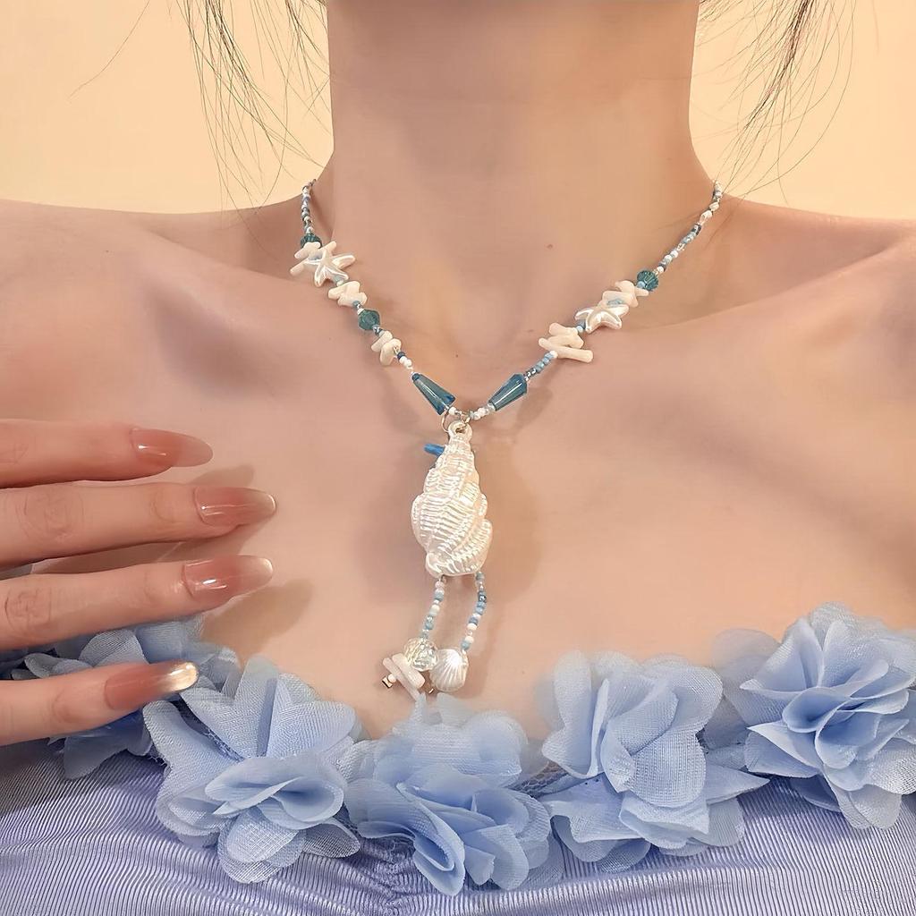 Blue Starfish Beaded Seashell Necklace - Summer Beach Style Clavicle Chain for Women
