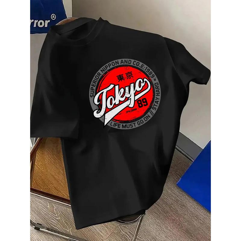 European Size Men'S Short Sleeve T-Shirt Tokyo Element Print Round Neck Short Sleeve T-Shirt 89 Label Showcasing Style Casual Short-Sleeved T-Shirt